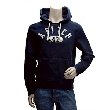 Abercrombie & Fitch 數字42貼布內刷毛長袖連帽TEE(男-深藍-M)