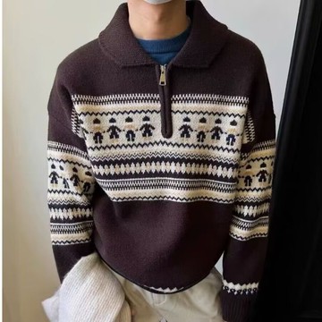 秋冬新品圓領提花寬鬆百搭毛衣外套