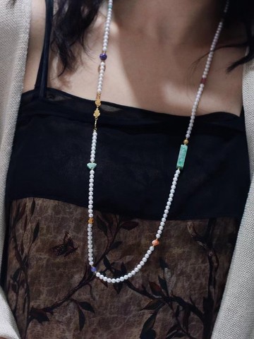 原創國風天然淡水珍珠項鏈毛衣鏈長款可繞手5圈翡翠綠松碧璽高級