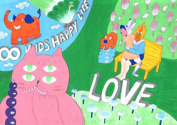 原創手繪四眼粉貓愛的廣場藝術微噴裝飾畫