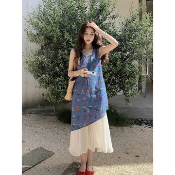夏季新品 連身裙 背心裙 吊帶裙 連衣裙 長裙 度假風 設計感拼接撞色假兩件連衣裙胖MM特大碼寬鬆顯瘦印花無袖背心裙夏