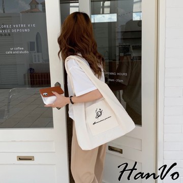 【HanVo】清新文藝感刺繡帆布包 韓國百搭實用大容量包包 上課上班包 韓系帆布包 女生配件 C05-1018