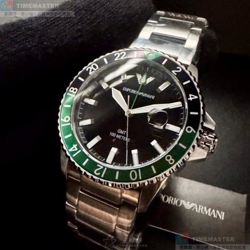 ARMANI 阿曼尼男錶 42mm 銀圓形精鋼錶殼 黑色三眼, 潛水錶, 水鬼, 可旋轉錶面款 AR00078