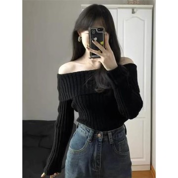 秋冬內搭黑色一字肩法式毛衣女2026新款針織露肩打底衫上衣秋冬季