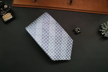 天藍色小菱格真絲領帶商務百搭necktie