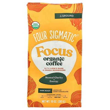 Four Sigmatic, 專注，有機咖啡，含猴頭菇和白樺茸，研磨，深度烘焙，10 盎司（283 克）