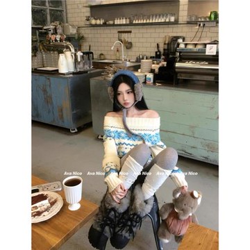 韓國購入~圣誕費爾島一字肩毛衣女24SS秋冬新款慵懶風針織衫上衣