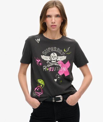 Superdry Women's Women's Lo-fi Punk Poster Relaxed T-shirt Black / Bison Black - Size: 12 Size: 8