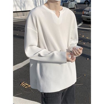 V領褶皺長袖T恤男款內搭純色簡約百搭圓領潮流寬松男裝打底衫上衣