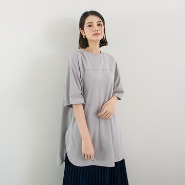 Yukié - 圓領休閒側開衩長版上衣-淺灰 (F)