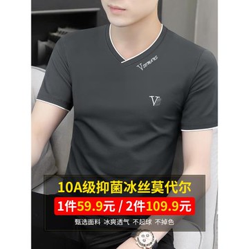 【10A級抑菌莫代爾】短袖t恤男夏季新款V領高端刺繡體恤打底衫男