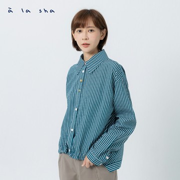 a la sha 條紋撞色釦落肩襯衫
