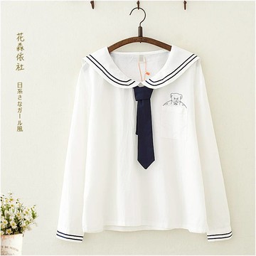 學院風少女可愛小熊刺繡寬松長袖襯衫中學生領帶白襯衣軟妹水手服