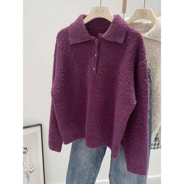 韓系慵懶翻領紫色毛衣女秋冬2025新款加厚寬松保暖針織打底衫上衣