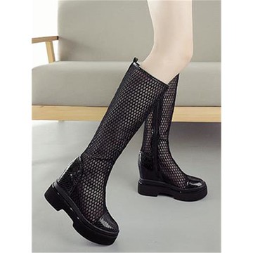 2025年夏季新款透氣涼靴子女厚底內增高單靴春秋網紗鏤空高筒長靴