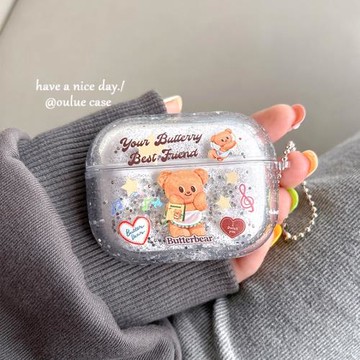 ins卡通流沙可愛黃油小熊適用airpodspro2蘋果無線藍牙耳機套airpods1/2代硅膠新款airpods3代防摔保護套女款