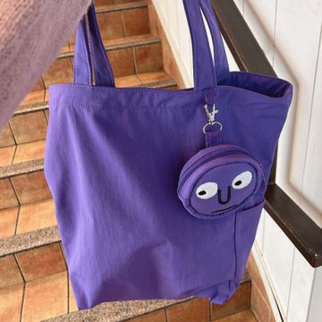 LOOSECANNON男女單肩防水包紫色笑臉繡花托特包大容量手提斜挎包