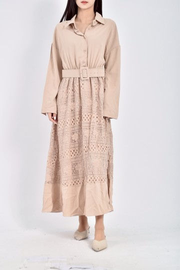 (S) 質感棉質長袖蕾絲杏色綁帶洋裝