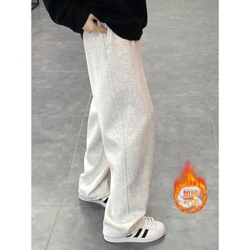 美式加絨休閑褲子男秋冬重磅加厚衛褲男款寬松直筒垂感闊腿運動褲