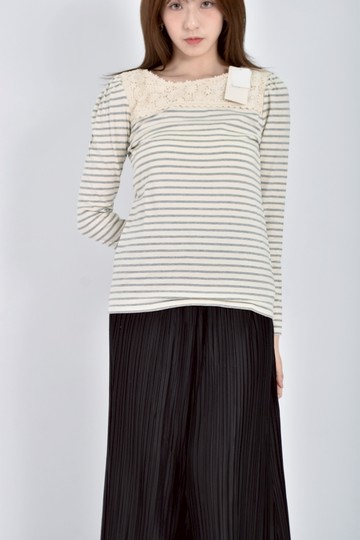 (M) earth music ecology棉質純棉條紋白色長袖上衣