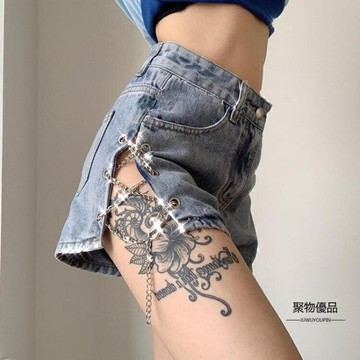 夏季鏈條設計感牛仔短褲女高腰腿長百搭個性性感【聚物優品】
