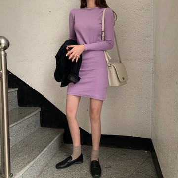 裙子女ins氣質百搭藏肉顯瘦連衣裙小性感半高領長袖A字裙1入