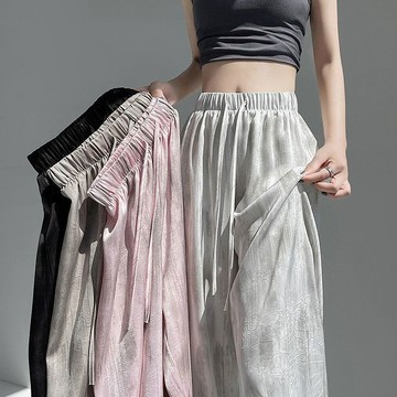 【PING'S🌞】夏季 緞麵涼感休閒褲 女 夏季薄款褲子 複古紮染冰絲褲 闊腿褲 高個子 拖地休閑褲 長褲 夏天褲子