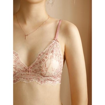 法式內衣女夏季薄款三角杯無鋼圈大胸顯小蕾絲小胸純欲性感文胸