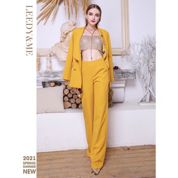 LEEDY&ME新款大V領優雅喇叭西裝兩件套送搭配胸針通勤日常女長袖