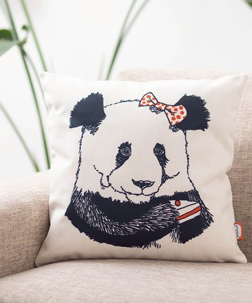 Jimbobart 亞麻布抱枕套 紅色點點蝴蝶結 熊貓
