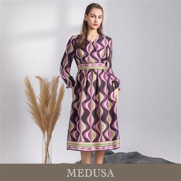 現貨【MEDUSA 曼度莎】復古波浪幾何雪紡洋裝（M-XL）｜休閒洋裝 雪紡長洋裝 復古印花洋裝