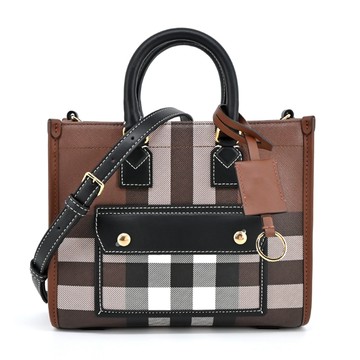 BURBERRY Freya經典格紋皮革迷你托特包（暗樺木棕色）_廠商直送
