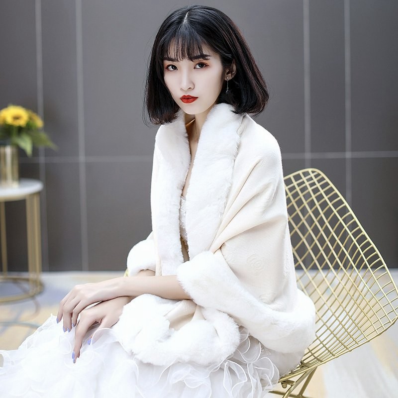 オフホワイト 白パール ファーケープ ドレス 羽織り 結婚式 ケープ ボレロ
