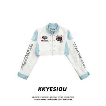 KKyesiou美式復古機車風辣妹短款皮衣小外套女立領高腰刺繡棒球服