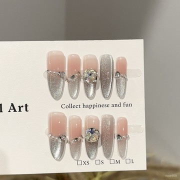 ➕最新設計款穿戴甲💅純手工穿戴甲高級感銀灰色貓眼長款美甲片堆鑽輕奢溫柔假指甲貼片長橢圓穿戴甲 XGBT