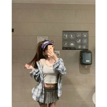 【JK極客】🌻有貨🌻 輕奢高級感藍色格紋襯衫外套女新款寬鬆休閒遮肉中長款襯衣 落肩襯衫 翻領襯衫 女生上衣