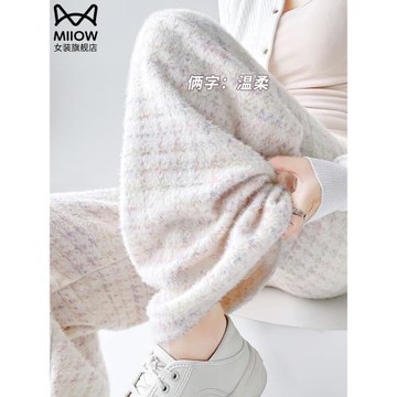 貓人小香風毛妮格子闊腿褲女2025新款秋冬季加絨加厚慵懶休閑褲