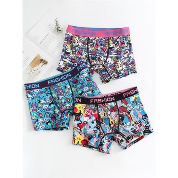 大碼內褲男卡通個性撞色純棉透氣寬邊平角中腰褲頭潮男舒適200斤