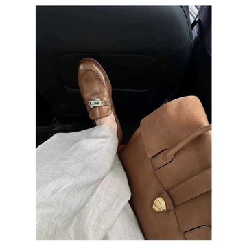 復古水洗馬皮女鞋真皮棕色鎖扣樂福鞋平底單鞋一腳蹬英倫風小皮鞋