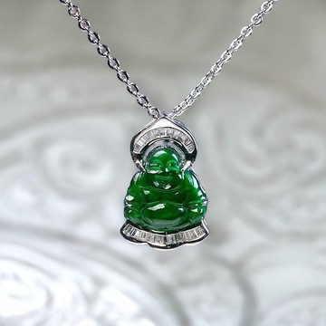 冰種老坑綠彌勒佛項鍊18K金鑽石鑲嵌 | 天然緬甸翡翠A貨 | 送禮