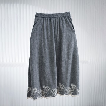 玫瑰刺繡棉麻中長裙750719