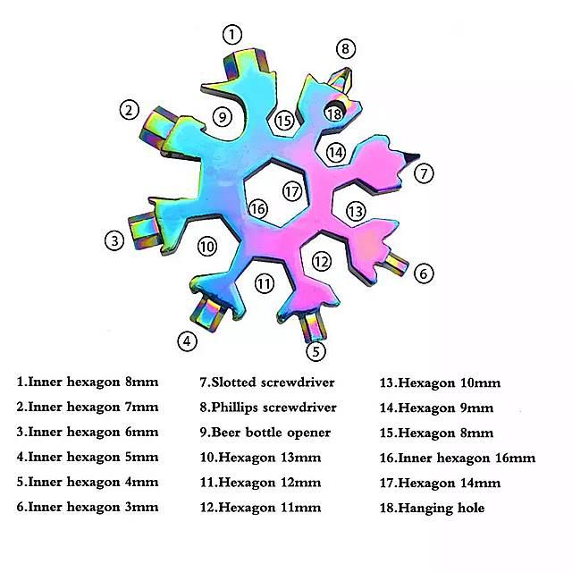 1個1で18スノーフレーク マルチポケットツール キーホルダー リングスパナ 多機能生き残る 屋外 ハイキング 乗馬ポータブルedc レンチ
