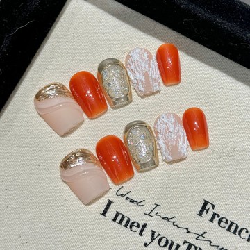 💟加一手工甲💅🏻藝禾秋冬款南瓜鏡麵穿戴美甲成品手工假指甲貼片短款美甲甲片純手工穿戴甲 YHRL