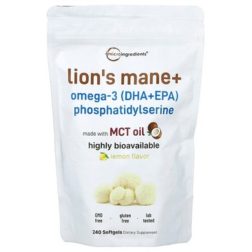 Micro Ingredients, 猴頭菇 + Omega-3 (DHA+EPA) 磷脂酰絲氨酸，檸檬味，240 粒軟膠囊
