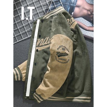 香港潮牌美式橄欖拼色棒球服秋冬寬松加肥大碼飛行員外套夾克男士