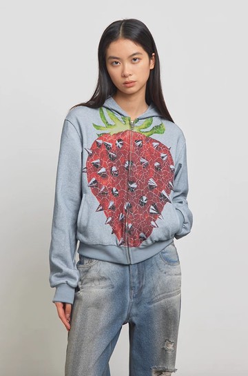 Punk Strawberries Hoodie 朋克草莓裂紋印花短款衛衣