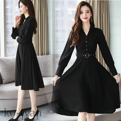 ワンピース レディース Aラインワンピース 春 秋 冬 ミディアム丈ワンピース 黒 長袖 フォーマルワンピース 二次会 通勤 Ol 着痩せ 人気 通販 Lineポイント最大get Lineショッピング