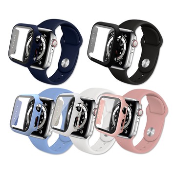 【J.S.優品】全包覆 Apple Watch Series SE/6/5/4 (44mm) 9H鋼化玻璃貼+錶殼+環保矽膠錶帶