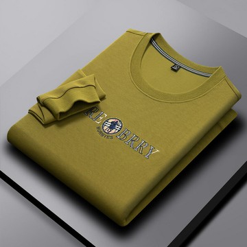 【新款熱賣】男裝秋季新款提花面料純色圓領刺繡男士衛衣新鮮商務時尚