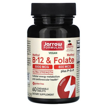 Jarrow Formulas, 全素甲基 B-12 和甲基葉酸，特強型，櫻桃味，60 片咀嚼片